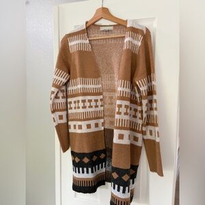 Open-Front Camel & White Patterned Women's Cardigan